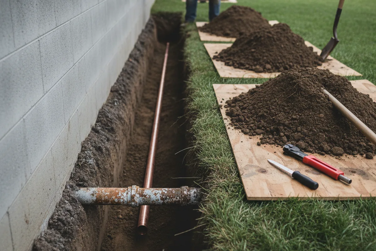 Excavated water line trench during Water Softener Installation in Del Mar